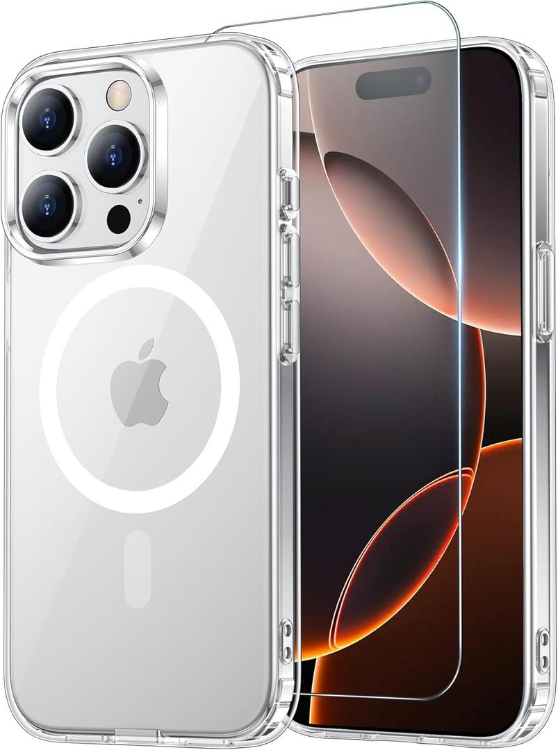 Temdan for iPhone 16 Pro Max Case Clear with Screen Protector, Compatible with Magsafe, Anti-Yellowing, Military-Grade Protection, Shockproof Slim Magnetic Phone Case Cover, Transparent