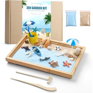 Zen Garden Kit for Desk - Premium Beautiful Japanese Mini Beach Zen Sand Garden Box Decor Set for Home, Office with Bamboo Tray, Sand, Tools, Shark, Ship - Desktop Meditation, Accessories Zen Gifts