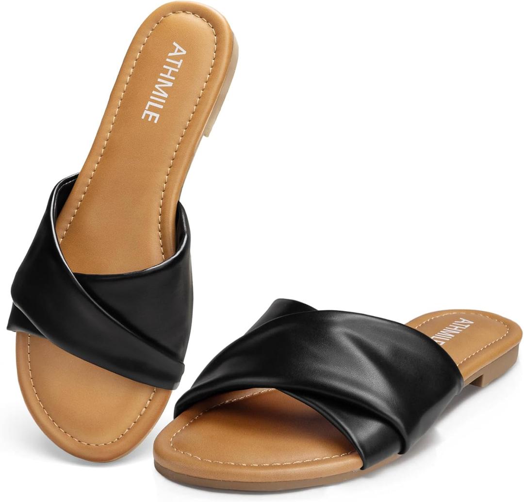 ATHMILE Sandals Women Dressy Summer Flat Comfortable Fashion Beach Cute Ladies Slides Leather Casual Dress Women's Sandals 2025 Size 6-11 (7, Black)