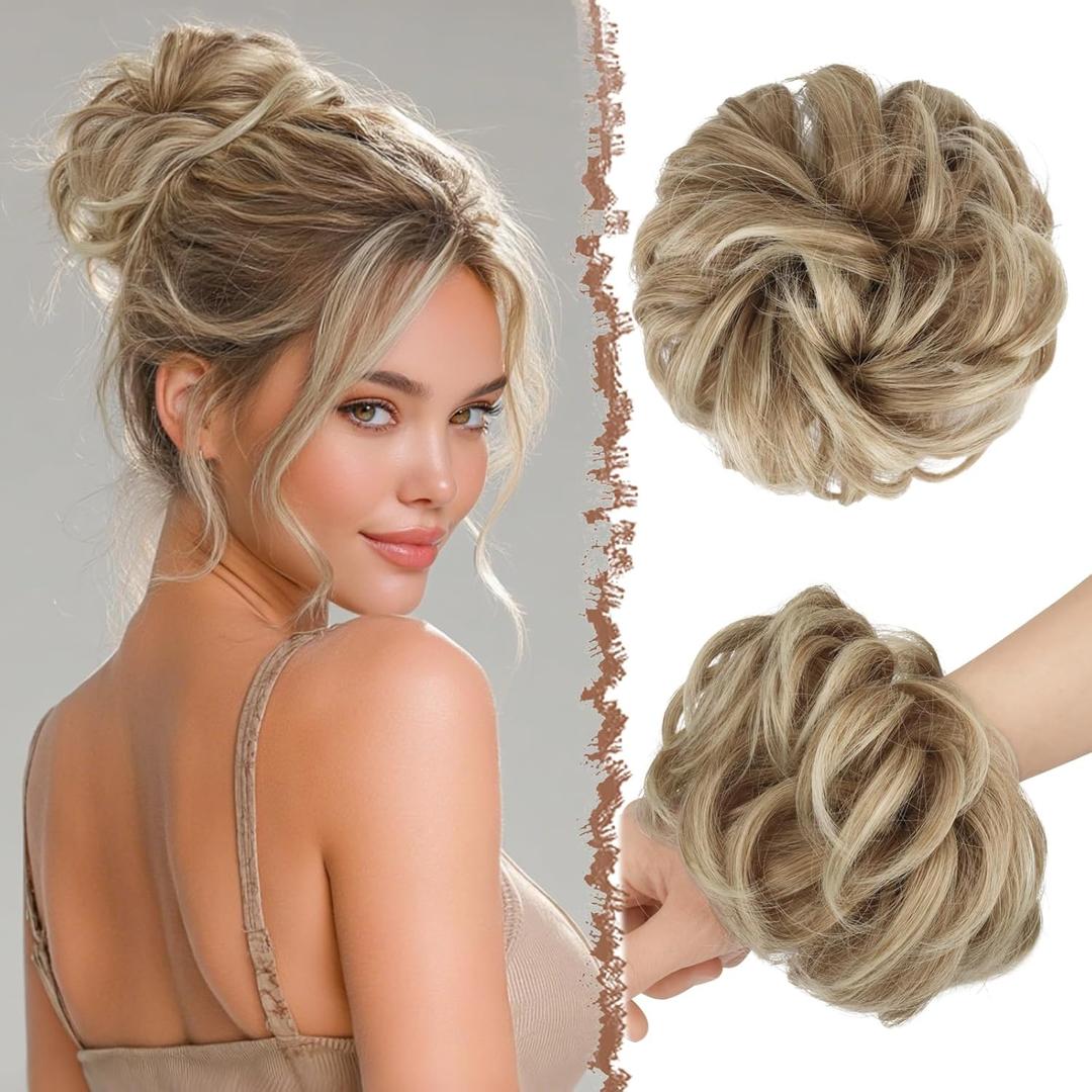 FESHFEN Large Messy Bun Hair Piece - Wavy Synthetic Chignon Scrunchies Elastic Ponytail Hair Extensions Thick Hairpieces for Women, Mixed Blonde and Ash Blonde Tips 1.94oz