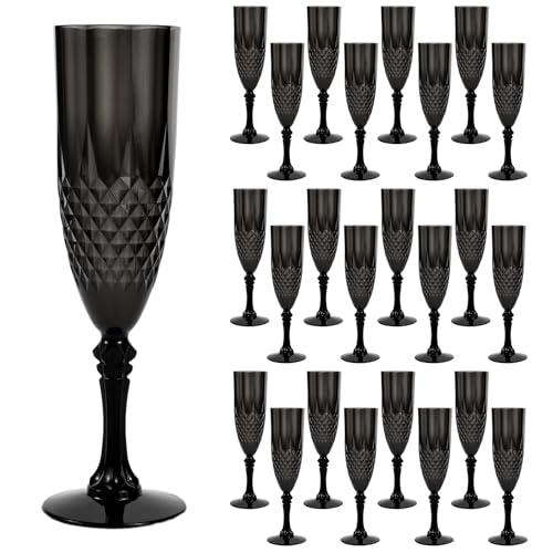 CHICERA 24 Pcs Black Plastic Champagne Flutes，Black Champagne Glasses Bulk, Made of Durable Plastic Material Can be Used for Weddings, Everyday Fun Parties and More!