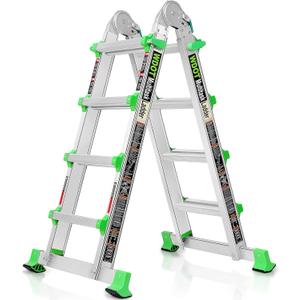 Ladder, Extension Ladders for Home Stairs 14 Ft, 4 Step Multi Position A Frame Ladder with Stabilizer Bar, Compact Folding, 330 lbs Telescopic Aluminum Adjustable Ladders, Escaleras para Casa (Green)