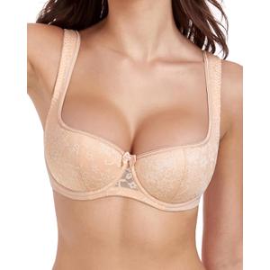 HACI Balconette Bra Scoop Neck Low Cut Sexy Everyday Push Up Demi Half Cup (Beige, 32 DD)