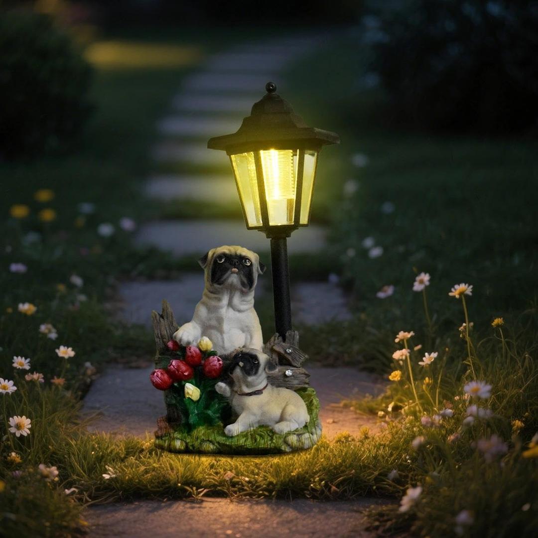 Solar Garden Outdoor Decor Statues Country Farm Pug Dogs with Light,Outside-Outdoor Decorations Sculptures for Patio Yard Lawn Walkway Ornaments Gifts for Mom Grandma Birthday Mothers Day