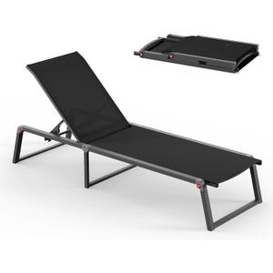 Aluminum Chaise Lounge Chair Outdoor, Foldable & Assembly Free Patio Pool Lounge Chairs 5-Position Recliner for Outside Poolside, Fully Grounded Legs Sun Lounger for Beach, Yard, Black, 1 Pack
