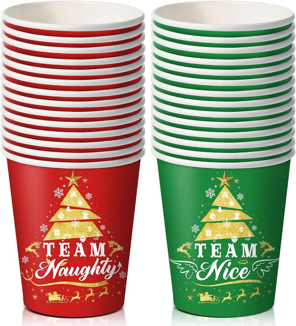Tiamon 50 Pieces Christmas Party Cups 9 OZ Team Naughty or Nice Disposable Paper Naughty Nice Christmas Cups Red and Green Xmas Party Holiday Supplies for Coffee, Hot and Cold Beverages