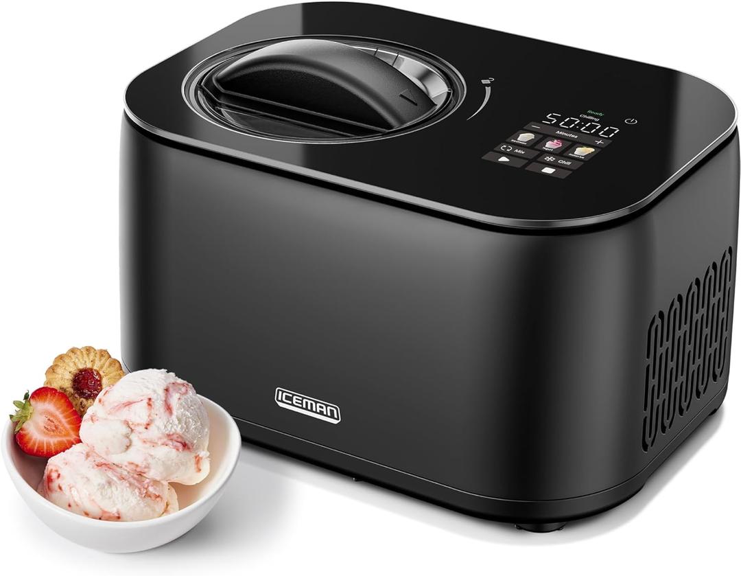 Iceman by Chefman Ice Cream Maker, No Pre-Freezing with Built-In Compressor, Makes Ice Cream, Froyo, Sorbet, Sherbet, Italian Ice, Frozen Yogurt, Digital Display w/ 3 Presets, 2 Pint Inserts Included (Black)