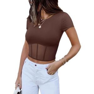 REORIA Women's Sexy Round Neck Short Sleeve Tees Summer Sheer Mesh T Shirt Trendy Y2K Going Out Crop Tops (Pink, M)