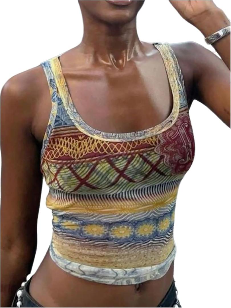 Women's Graphic Sleeveless Tank Top Scoop Neck Slim Fit Vintage Crop Tops (M)