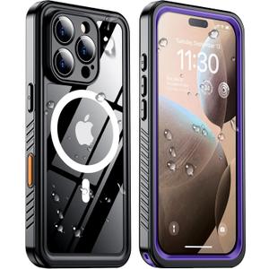 Temdan Magnetic for iPhone 16 Pro Max Case Waterproof,Built-in Screen Protector[IP68 Underwater][Upgrade Military Dropproof][Compatible with MagSafe] Full Body Shockproof Translucent Case 6.9''-Purple