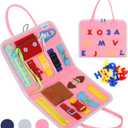 Esjay Busy Board for Toddlers, Montessori Toys to Learn Fine Motor Skill, Sensory Board, Toys Gifts Girls Boys 3+ Year Old, Toddler Learning Activities for Travel Airplane,Pink Alphabet