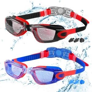 COOLOO Kids Swim Goggles, 2 Packs Swimming Goggles for Kids Girls Boys and Child Age 4-16 (02.black Red/Clear Lens&blue Red/Clear Lens)