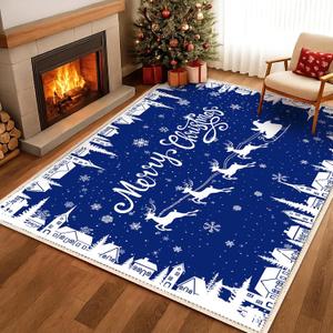 Dunzy Christmas Rug 5 x 7 ft Blue Snowflakes Merry Christmas Area Washable Rug Winter Village Xmas Non Slip Soft Indoor Decor for Kitchen Entryway Bathroom Bedroom Laundry Room