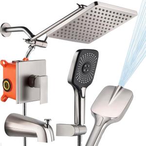 Shower Faucet Set with Tub Spout Brushed Nickel 10 Inch Rainfall Shower 4 Setting Spray Mixer Shower System Modern Luxury Wall Mounted Tub Shower Faucet Set Rough-in Valve Body (Brushed Nickel)