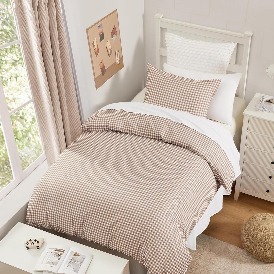 Andency Gingham Duvet Cover Twin Size, Tan Brown Checkered Plaid Bedding Set with Zipper Closure & Corner Ties, 2 Pieces Soft Prewashed Polyester Comforter Cover for Dorm Kids
