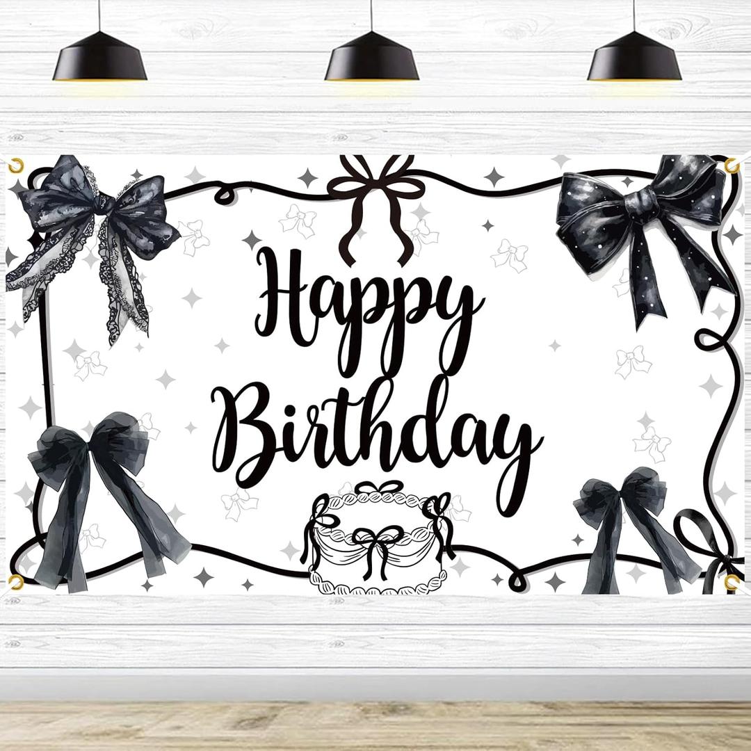 Coquette Birthday Decorations Black Bow Happy Birthday Backdrop Black Bow Bday Decorations Girls Women Photography Backgrounds, 5.9 * 3.6Ft