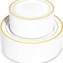 200PCS Gold Plastic Plates, Disposable Party Plates with Gold Rim, Include 100 Dinner Plate and 100 Elegant Dessert Plate for Party and Wedding