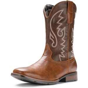 IUV Cowboy Boots For Men with Wide Square Toe Western Retro Boot Durable Classic Fashionable Embroidered Pull On Slip Resistant Boots (Dark Brown)