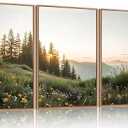 FWIEXA Green Forest Mountain Framed Canvas Wall Art Set, Wildflower Meadow Wall Decor, Floral Pictures Artwork, Nature Sunset Landscape Art Prints for Living Room, Bedroom, Office - Size 24"x36"x3
