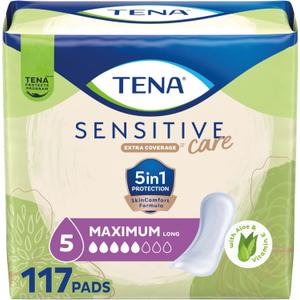 TENA Sensitive Care Incontinence Pads for Women, Bladder Control & Postpartum, Maximum Absorbency, Long - 117 Count