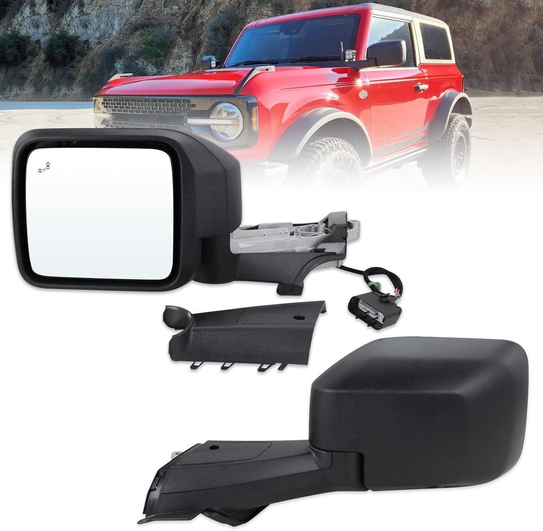 Left Driver Side Mirror Compatible With 2021-2025 Ford Bronco NO Fits Sport With Manual Folding Power Glass Heated Blind Spot Temperature Sensors Matte Black Replace#M2DZ-17683-B (9Pins)