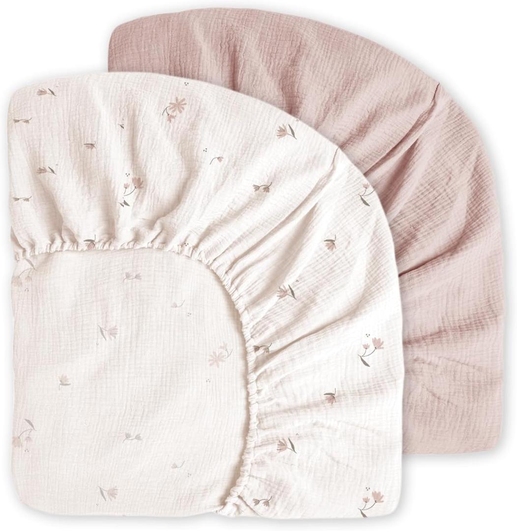 Little Grape Land Muslin Crib Sheets Fitted for Boys and Girls 2 Pack, 100% Cotton Baby Bed Sheets Soft Breathable, Neutral Fitted Baby Mattress Sheets for Standard Crib 52x28 inches, Fog Flower