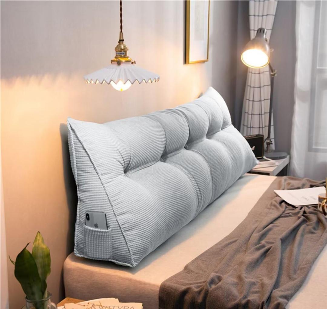 Triangular Wedge Pillow Headboard Twin XL with One Side Pocket Large Bolster Cushion Headboard Backrest Wedge Pillows with Detachable Cover,Light Grey,39 * 10 * 20in, Twin39in*10in*20in