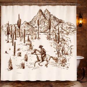 Western Cowboy Shower Curtain, Desert Horse and Cactus Design for Farmhouse Bathroom, Waterproof Fabric with 12 Pcs Hooks,Great for Housewarming Gifts72" W X 72" L
