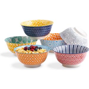 Selamica Porcelain 20oz Cereal Bowl Set - Set of 6, 6 inch Soup Bowls, Ceramic bowls for Cereal, Soup, Salad and Pasta, Colorful bowls (Assorted Colors)