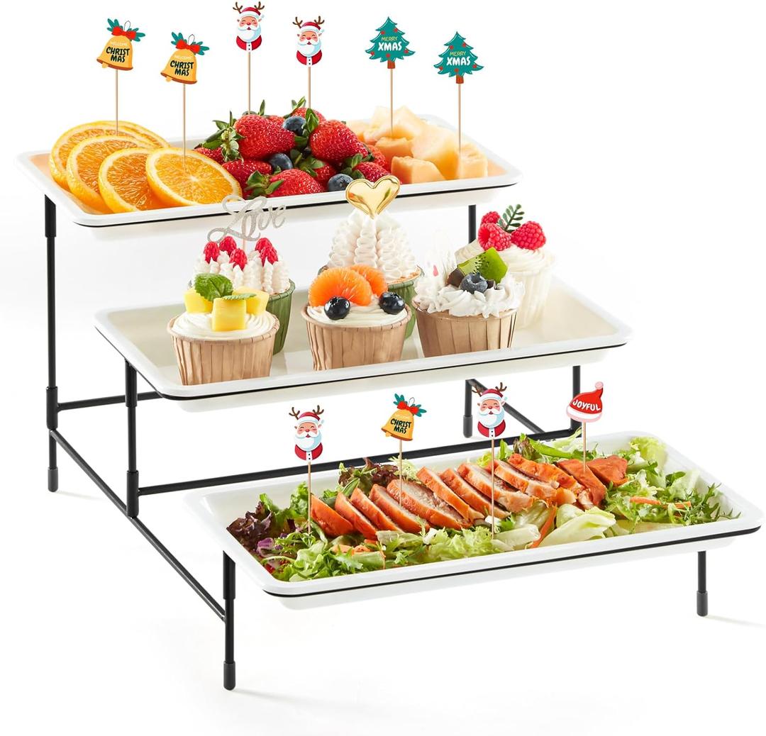 Lifewit 3 Tier Plastic Serving Tray for Party Supplies, 12" x 6.5" Crack-Proof Platters for Serving Food, White Reusable Trays with Black Metal Display Stand for Veggie, Fruit, Cookies, Dessert (19.5" x 12" x 8.3")