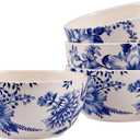 Bico Blue Floral Haven Ceramic Cereal Bowls Set of 4, 26oz, for Pasta, Salad, Cereal, Soup & Microwave & Dishwasher Safe