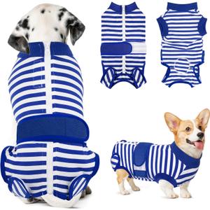 Lukovee Recovery Suit for Dogs, Zipper On Recovery Suit for Female Male Dog, Onesie Abdominal Wounds Cone E-Collar Alternative Prevent Licking Spay Recovery Suit (Medium, Blue & White)