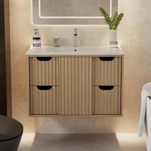30 Inch Floating Bathroom Vanity with Sink, Modern Wall-Mounted Vanity Cabinet with 4 Large Drawers, Sliding Door Storage, Waterproof Wood Finish, Bathroom Vanity with Sink for Small Spaces