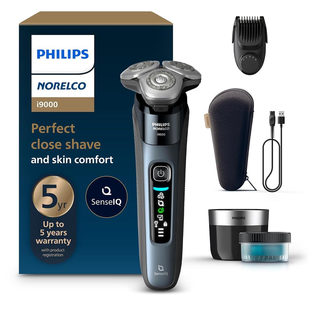 Philips Norelco Shaver i9000, Wet & Dry Electric Shaver, Taubenblau, SenseIQ Technology, Triple Lift & Cut System, 360 Rotating Dual SteelPrecision Precision Blades, Beard Styler, Model X9001/91 (i9000 + QCP & Trimmer, Gray)