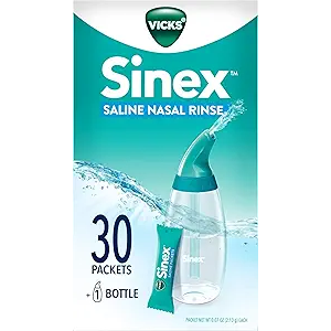 Vicks Sinex Saline Nasal Rinse Starter Kit, Drug Free Saline, Flush Out Mucus and Allergens, Fast & Effective Relief for Everyday Congestion from Sinus & Allergy, 1 Bottle + 30 Refill Packets