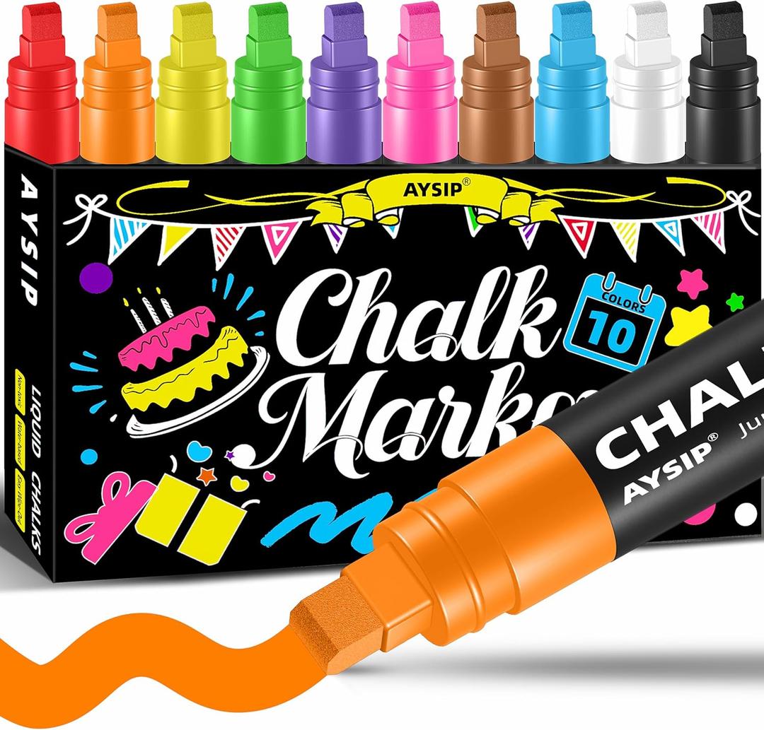 Window Chalk Markers for Blackboard10 Colors Washable Glass Jumbo Liquid Chalk Marker with 10mm 3 in 1 Nib Thick Wide Tips, Big Chalkboard Markers, Car Paint Pen Auto, Mirror, Bistro, Poster