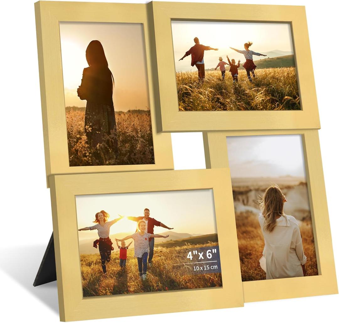 4x6 Collage Picture Frame with Real Glass, 4 Opening Wooden Photo Collage Frame with Stand, Family Multi Picture Frame for Wall or Tabletop Display, 4 Photo Gallery Frame for Home Decor, Gold