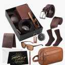 Geyoga 12 Pcs Men Birthdays Gift Set with Box for Men Dad Basket PU Leather Wallet Leather Toiletry Bag Tie Socks Belt Keychain Sunglasses Pen Compass Set