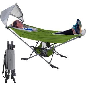 Portable Hammock with Stand, World's Best Mock ONE Hammock, Compact Folding Framed Hammock with Adjustable Sunshade Canopy for Park, Backyard, Garden, Camping, Hiking, Mountaineering, Beaches- Green