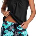 Aqua Eve Two Piece Women's Tankini Swimsuits Blouson Swim Tank Top with Shorts Modest Bathing Suits (Large, Green Blue Flower)