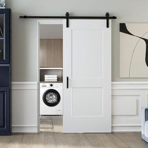 JUBEST 36x84" Sliding Barn Door,2-Panel Solid Core Door & 6FT Hardware Kits, Two-side Handle, Preassembled Primed Composite Interior Molded Door Panel with Paintable Surface, Durable & Sturdy, White