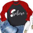 Christmas Shirt for Women Raglan Long Sleeve Merry Believe Tree Graphic Festival Shirts Vacation Trendy Tops (Medium, Sc01rdgr)