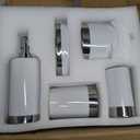 Bathroom Accessories Set, 5-Piece Ceramic Bath Accessory Complete Set with Lotion Dispenser/Soap Pump, Cotton Jar, Soap Dish, Tumbler and Toothbrush Holder (White and Silver)