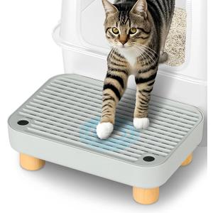 Litter Box Step, Litter Box Ramp/Catcher with Wooden Base, Anti-Tracking & Easy to Clean, Ideal for Small & Elderly Cats (Grey)