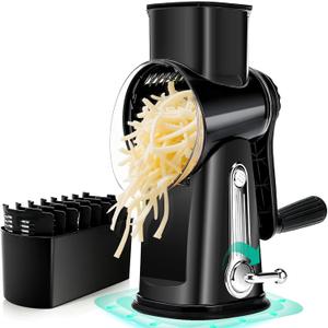 Rotary Cheese Grater Hand Crank - Cheese Shredder with 5 Blades & Strong Suction Base, Mandoline Slicer Vegetable Chopper, Kitchen Gadgets with Storage Box, Black