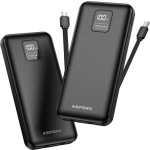 AsperX 2-Pack 10000mAh Portable Charger with Built-in Cables, USB-C Output Power Bank Fast Charging, LED Display Travel Essential Battery Pack for iPhone Android Google Pixel LG iPad Heated Vest, etc