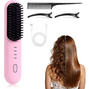 Hair Straightener Brush for Short Hair, 2026 Upgraded Cordless Straightening Brush with 30s Fast Heat, 4 Temperature Settings, Ionic & Ceramic Care, USB-C Rechargeable for Frizz-Free Styling (B-Pink)