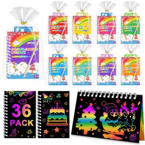 iooo Party Favors for Kids: 36 Pack Scratch Art Notebooks with Rainbow Colors, 2-in-1 Coloring & Scratch Books, Bulk Birthday Gifts, Goodie Bags, Classroom Prizes for Boys & Girls