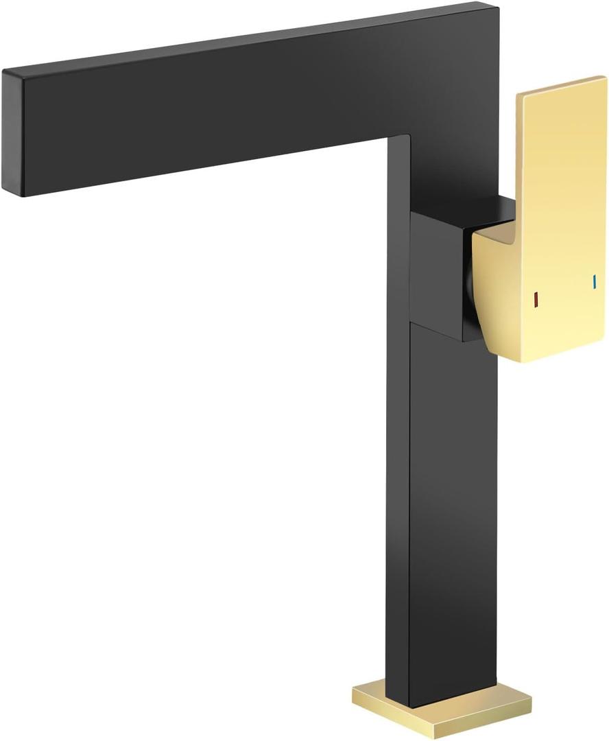 Homili Modern Square Bathroom Sink Faucet 1-Hole Faucet Hot&Cold Vessel Sink Tap (Tall Gold-Black)