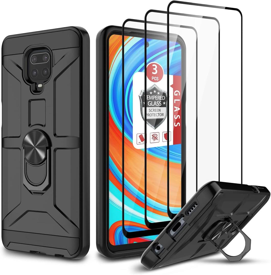 2 x Xiaomi Note 9 Pro Case, Note 9s/Note 9 Pro Max Case, with 3 Pcs Tempered Glass Screen Protector, Built-in Ring Kickstand and Magnetic Car Mount Shockproof Dropproof Defend Armor Rugged Cover - Black